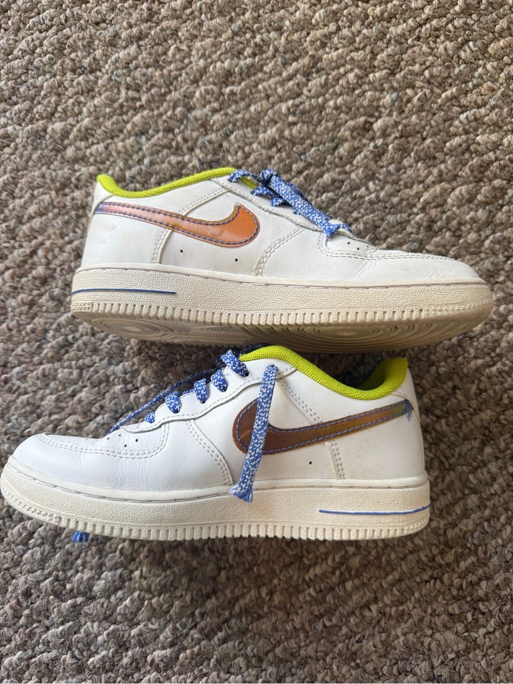 Nike Kids White Sneakers with Orange Swoosh and Neon Yellow Lining